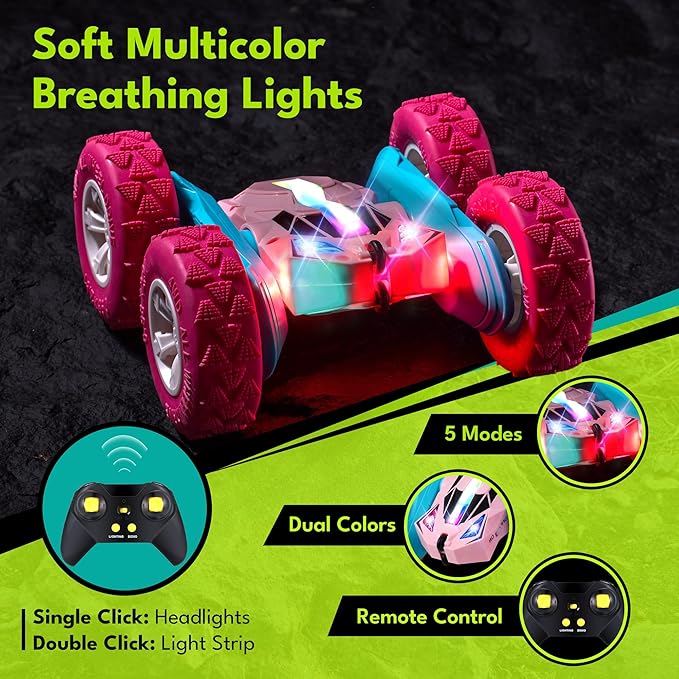 Threeking Remote Control Car RC Cars Toys for Girls Boys Ages 6-12, Upgraded USB-C Modular Batteries, 4WD Stunt Car with Breathing Soft Lights, Double-Sided Driving & 360° Flips, Presents Gifts, Pink