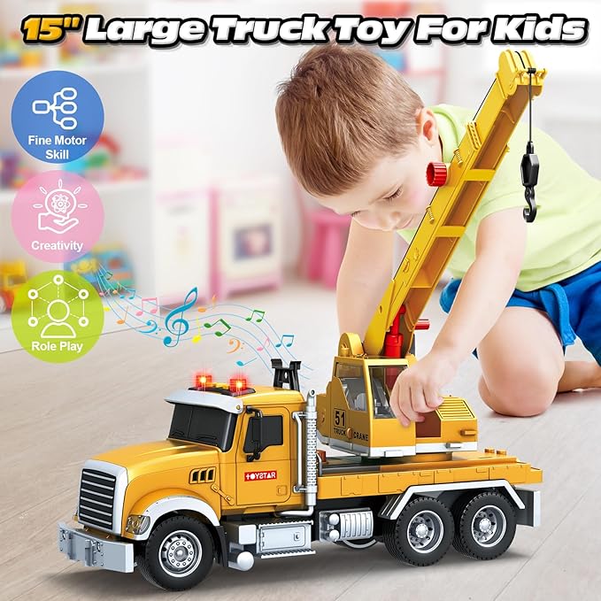 Kids Toys for 3 4 5 6 7 8 Years Old Boys, Crane Truck Toy with Lights, Sounds, Toddler Friction Powered Truck Vehicle Toy for Boys Girls Chrismas Birthday Gifts