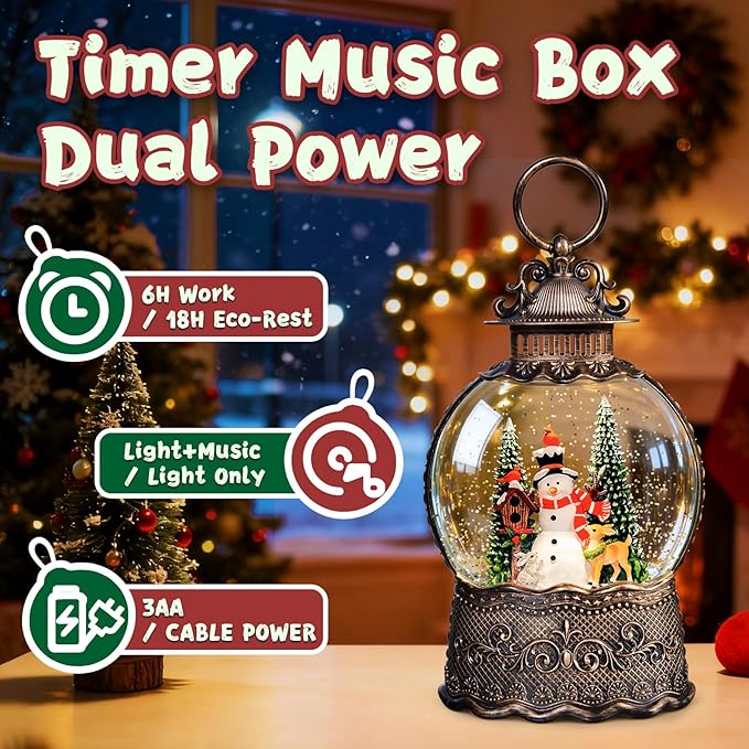 Christmas Snow Globes Lantern, Snowman and Christmas Tree Christmas Decorations Indoor, 6H Timer Battery & USB Powered Light Up Musical Snow Globes for Kids Women Adults Gift Thanksgiving Home Decor