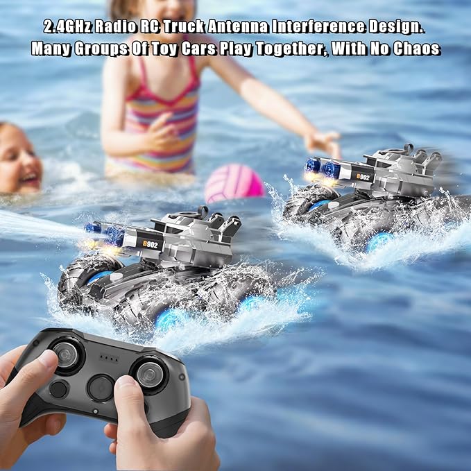 Amphibious Remote Control Car with Water Gun, Waterproof Monster Truck Toy 4WD All-Terrain RC Cars, Remote Control Boat Toys Gesture Sensing Rc Stunt Car, Birthday Gifts for Boys Age 8 9 10 11 12 Yrs