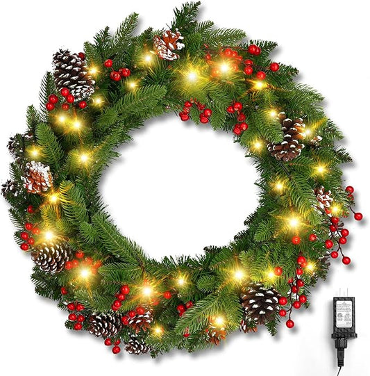 Brightown 24 Inch Pre-Lit Artificial Christmas Wreaths for Front Door,Christmas Decorations Indoor with Pine Cones & Berry Clusters, Christmas Wreath with 50 Lights for Fireplace Wall Window, Plug-in