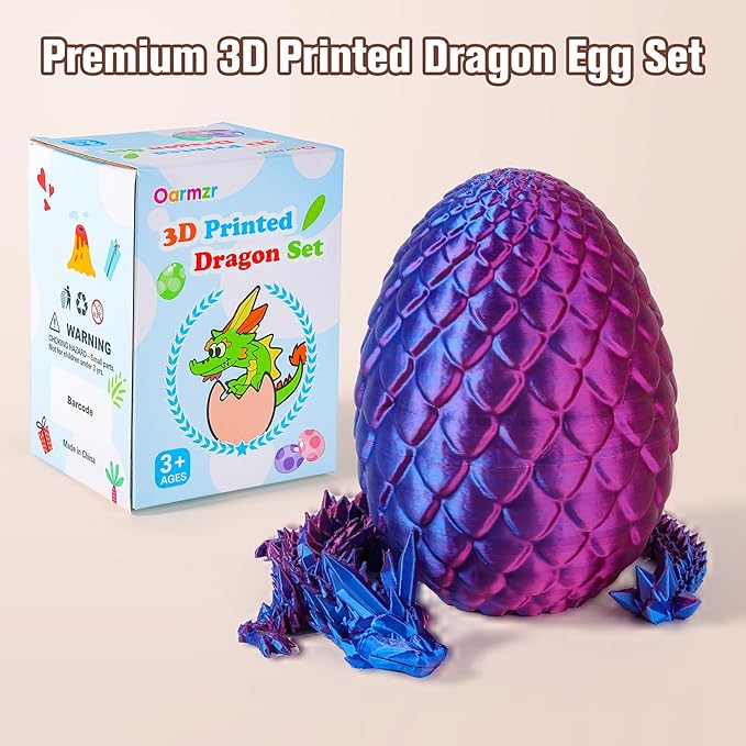 12''3D Printed Dragon and 4.73''Egg - 3D Printed Toys, Articulated Crystal Dragon Egg with Dragons Inside Fidget Toy, Decor Dragons Collectible Figurines(Blue Purple,12inch)