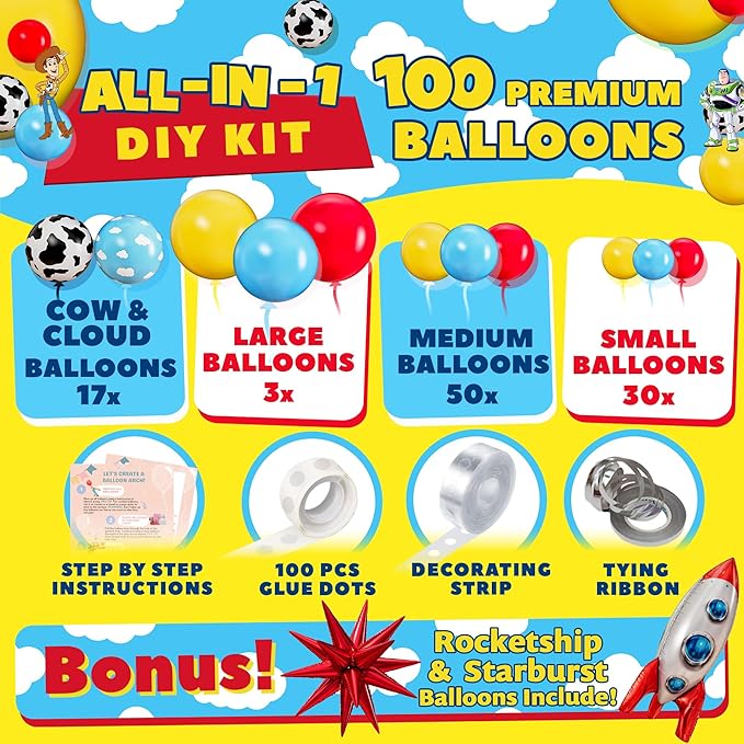 ALL-IN-1 Toy Story Balloons Arch Kit for It's A Boy Story Baby Shower Decorations Theme – Toy Story Balloon Garland Kit with Cloud & Cow Toy Story Balloons for First Toy Story Birthday Party Supplies