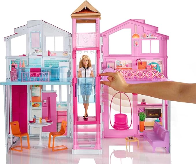 Barbie 3-Story Townhouse Dollhouse with Elevator, Swing Chair, Furniture and Accessories, Fold for Portability and Travel (Amazon Exclusive)
