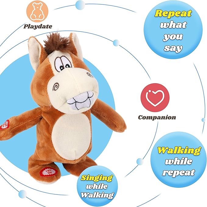 Hopearl Talking Singing Donkey Repeats What You Say Walking Electric Interactive Animated Toy Speaking Plush Buddy Gifts for Toddlers, 8''