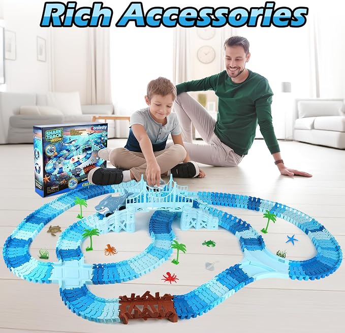 264 PCS Shark Race Tracks for Kids Toys, Glow in The Dark Magic Toy Set, 2 Shark Cars Track, Flexible DIY Track Set, Birthday Gift for Age 3-9 Boys Toddler Girls