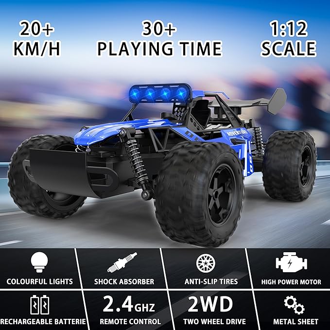 1:12 Scale RC Car for Kids 3-5-7, Fast Remote Control Monster Truck 2WD 20km/h Off-Road Toy, Alloy Shell, LED Lights, Off Road for Boys 4-7 & Beginners, 30 Minutes Play Time