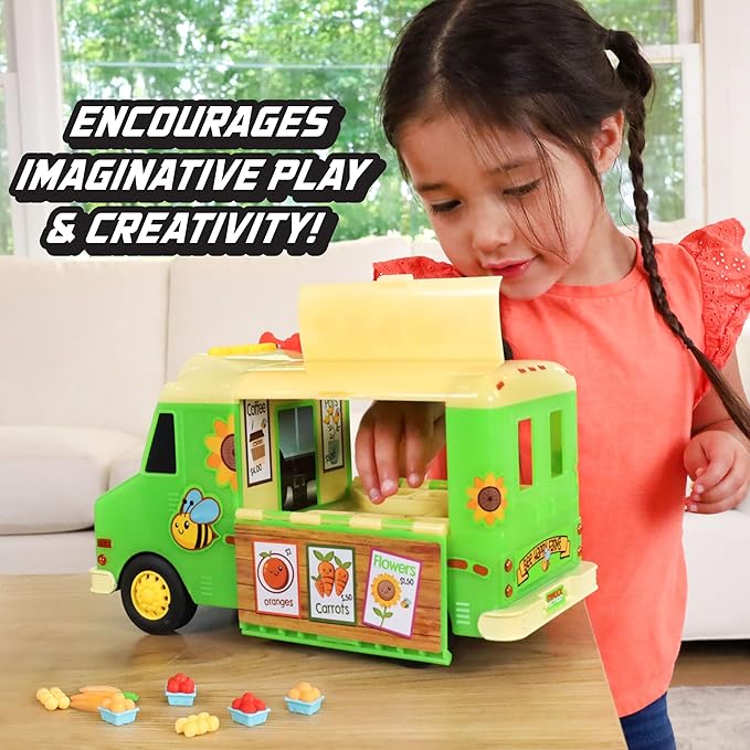 12" Farmer's Market Food Truck, Lights and Sounds, Includes 14 Play Pieces, Miniature Food, Pretend Play for Girls and Boys, Ages 3+
