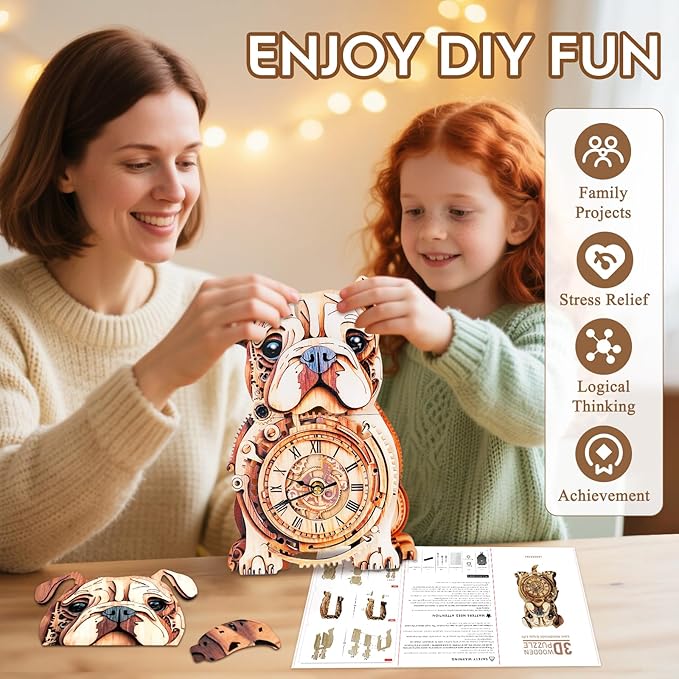 3D Puzzle for Adults Bulldog Clock - Mechanical DIY Wall Clock Kit Model Building Set Hobbies for Women Men Puzzle Home Decor & Stress Relief Craft Unique Gift for DIY Lovers