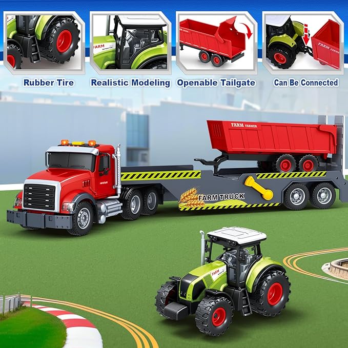 SpringFlower 21“ Extra Large Truck Toy, 3 4 5 6 Boys Toys with Tractors and Dump Truck, 3 in 1 Vehicle Toy with Sounds & Lights, Christmas Birthday Gift Kids Boy Toddlers Age 3 4 5 6 7