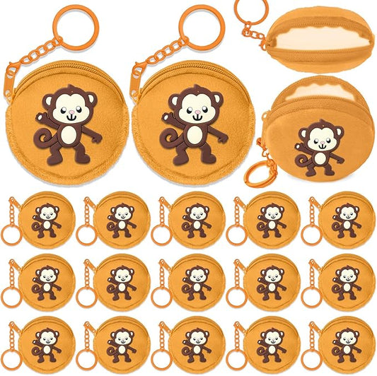 15 Pack Monkey Mini Coin Purse with Keyring for Monkey Themed,Mammal Animals,Jungle Animal,Forest,Baby Shower Wild ONE Party Supplies,Khaki