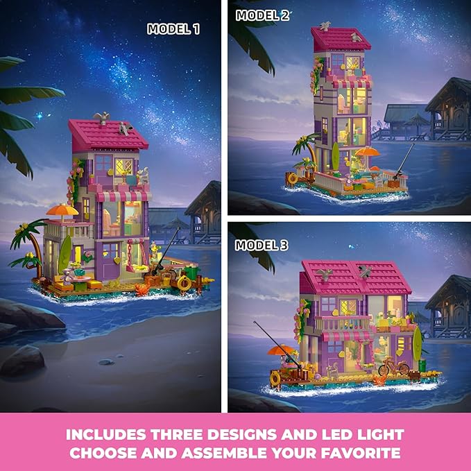 3 in 1 Pink Girls Beach House Building Set with Light, Seaside Villa Friends Building Toys, Compatible with Lego Friends Construction Educational Toy for Adults Kids Age 8-12 and Up (961 PCS)