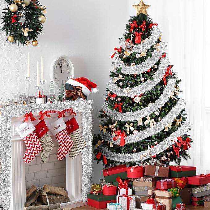 50FT Silver Christmas Tinsel Garland - Metallic Tinsel Twist Garland for Christmas Tree Decorations, Xmas Tree Decor Home Indoor Holiday Party Supplies