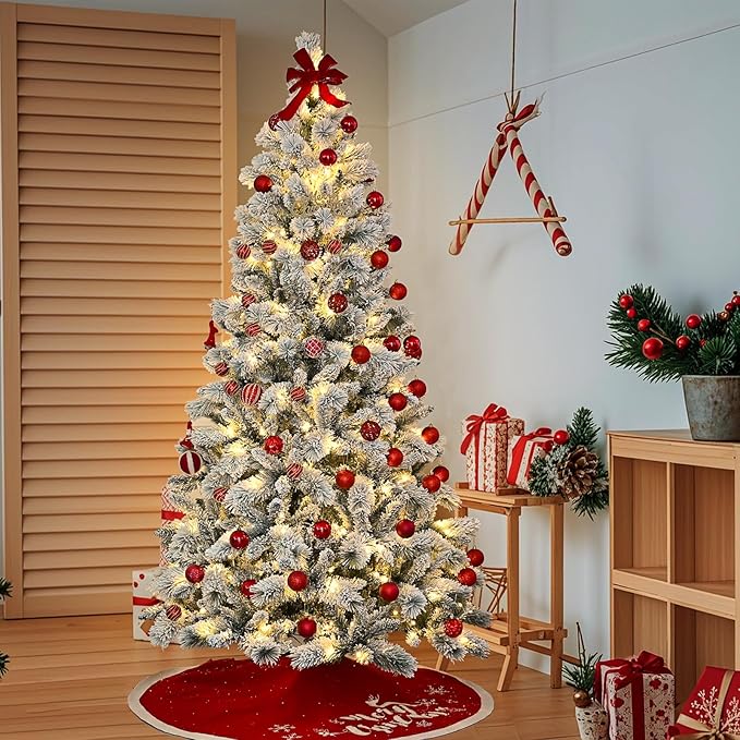 6 Ft Prelit Snow Flocked Christmas Tree with 350 Warm LED Lights, Premium Holiday Artificial Xmas Tree with 752 Realistic Branch Tips, Metal Stand for Indoor Home/Office Decor (Easy Assembly)