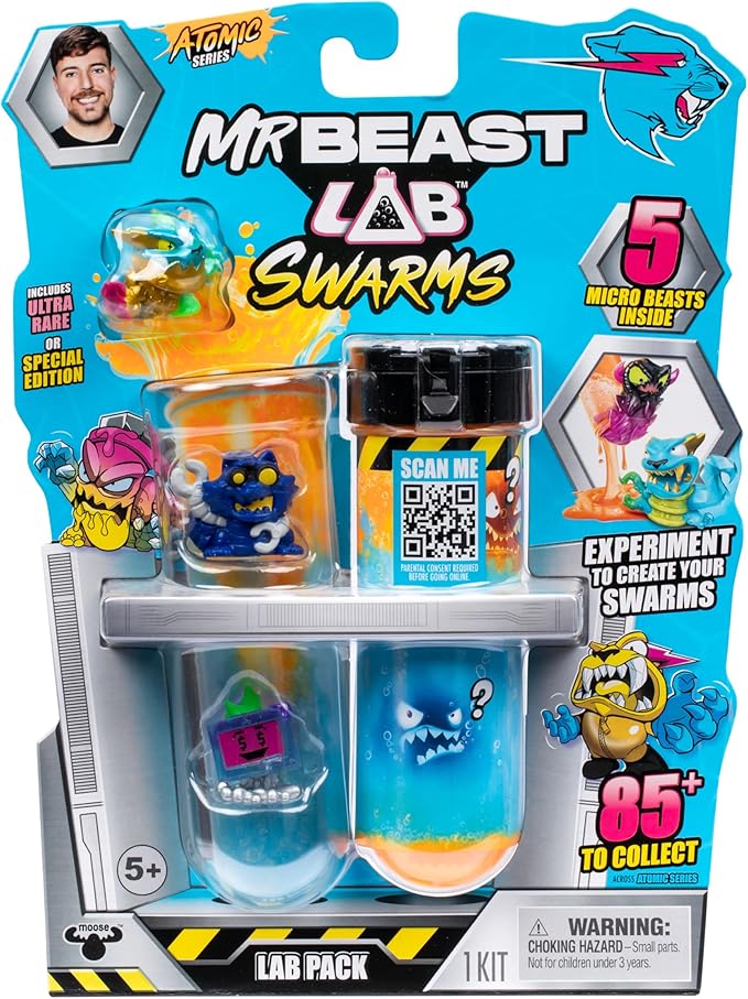 MrBeast Lab Swarms Series 2 Atomic Lab 5 Pack – Collectible Micro Beasts, Add Water & Shake Test Tube to Reveal 2 of 5 Surprise 1" Figures, 85 to Collect, Mystery Teams, Fun Unboxing Toy for Kids 5+