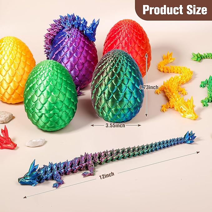 12''3D Printed Dragon and 4.73''Egg - 3D Printed Toys, Articulated Crystal Dragon Egg with Dragons Inside Fidget Toy, Decor Dragons Collectible Figurines (Blue Green Purple,12inch)