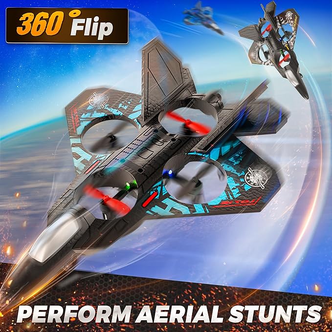 BEZGAR Drones for Kids | 2.4GHZ RC Plane, 6-axis Gyro Remote Control Airplane, RC Helicopter, 360° Flip Fighter Jet Toy with Colorful LED Navigation Light Gray