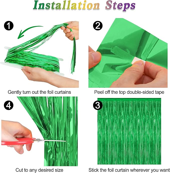 4 Pack Green Streamers, 3.28 FT x 7.05 FT Birthday Tinsel Backdrop, Metallic Foil Fringe Curtains Photo Booth Backdrop, Green Jungle Theme Decorations Birthday Decor