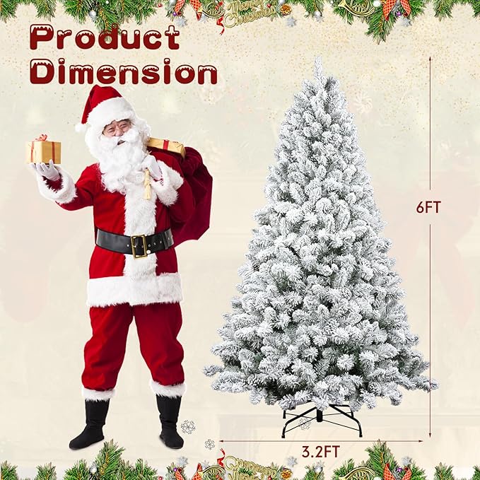 6Ft Flocked Christmas Tree,Realistic Snow-Covered Artificial Xmas Tree with Hinged Branches for Easy Setup,w/1100 Snow Flocked Branch Tips for Home,Office,Party Decoration