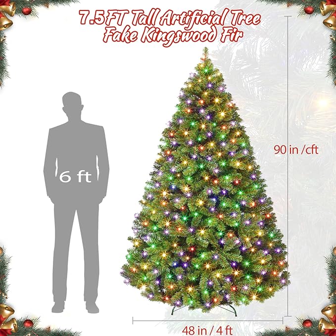 7.5FT Prelit Fluffy Noble Fir Artificial Christmas Tree with 600 Multicolor Lights& 9 Modes, Hinged Branches& 2200 Tips, Artificial Christmas Tree Includes Stand with Foot Switch for Holiday Home Deco