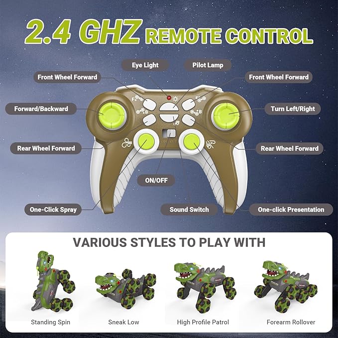 8WD RC Stunt Car Toys for Kids,2.4Ghz Remote Control Dinosaur toys 360° Rotating Changeable RC Stunt Dinosaur Remote Control Dinosaur Car Toys with Spray Lights, Birthday Gifts for Boys Girls Kids