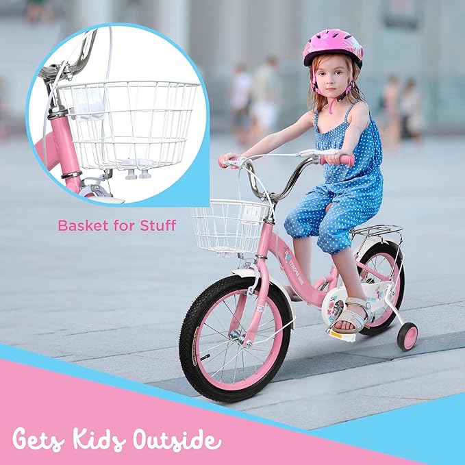 Slippery Racer MW Sports 16 inch Kids Bike with Removable Training Wheels, Hand Brakes and Back Relay Rack for Ages 4-6 Years.