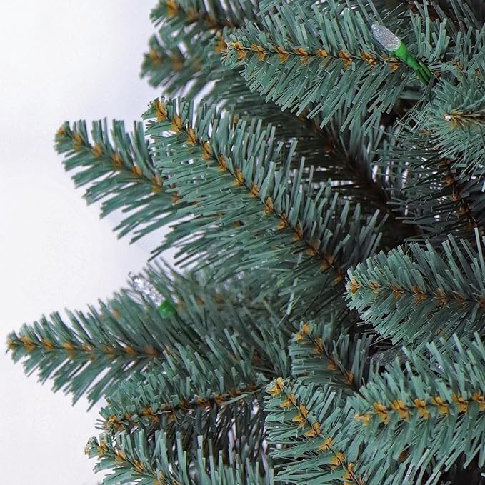 6.5FT Prelit Slim Artificial Christmas Tree with 813 Branch Tips, 250 Dual-Color LED Lights and Metal Stand, Realistic Skinny Pencil Blue Spruce Tree for Holiday Décor