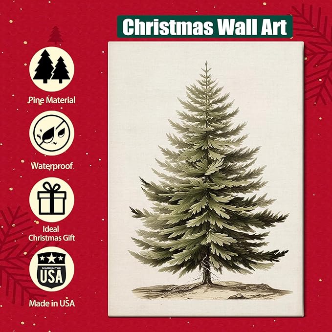 AbcCustomize Vintage Christmas Tree Canvas Wall Art, Botanical Pine Tree Print Poster, Rustic Holiday Canvas Wall Art for Christmas Decorations, Gifts and Winter Decor, Ready to Hang