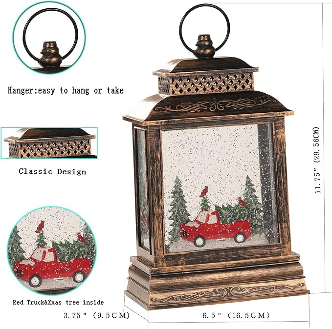 11.75" Christmas Snow Globe Lamp with Christmas Tree & Red Truck Inside,Musical Waterglobe Holiday Decor with 6h Timer,USB Power, Indoor Use for Festive Room Light, Best Gift for Christmas,New Year