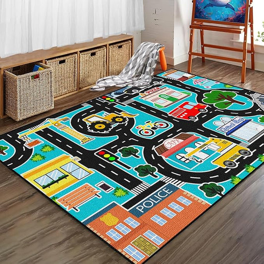 Car Rug Play Mat - Kids Play Rugs City Life Road Map Rug 5x7 Feet Large Educational Traffic Track Car Mat for Kids Toy Cars Carpet for Kid Bedroom Playroom Classroom Decor