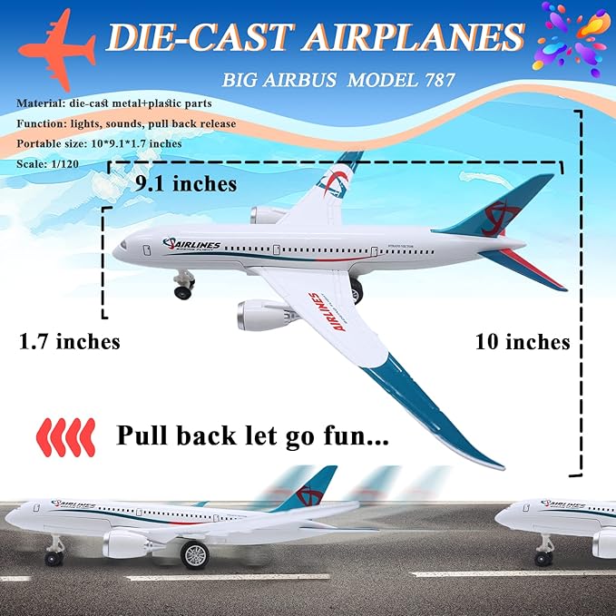 OTONOPI Airplane Toys Bump and Go Airlines Die Cast Metal Model Plane Toy with Lights and Sounds for Kids LightBlue
