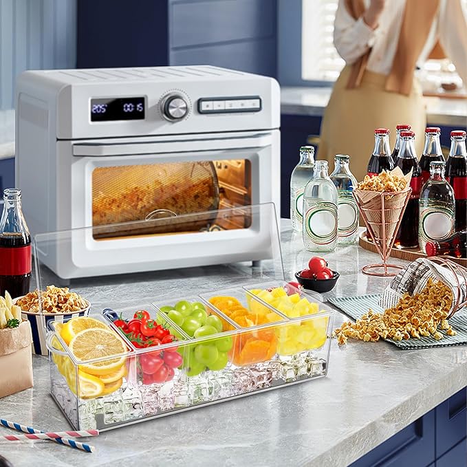 5 Compartment Condiment Server, Ice Chilled Condiment Containers with Lid, Clear Condiment Caddy Serving Tray on Ice with 5 Serving Spoons 5 Fruit Forks 2 Serving Tongs