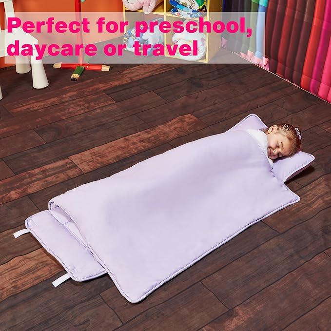 EVERYDAY KIDS Nap Mat with Removable Pillow - Lavender - Carry Handle with Straps Closure, Rollup Design, Soft Microfiber for Preschool, Daycare, Travel Sleeping Bag - Ages 3-6 Years