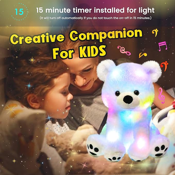 Hopearl LED Musical Stuffed Polar Bear Lighting Up Singing Plush Toy Adjustable Volume Lullaby Animated Soothe Birthday Festival for Kids Toddler Girls, White, 11''