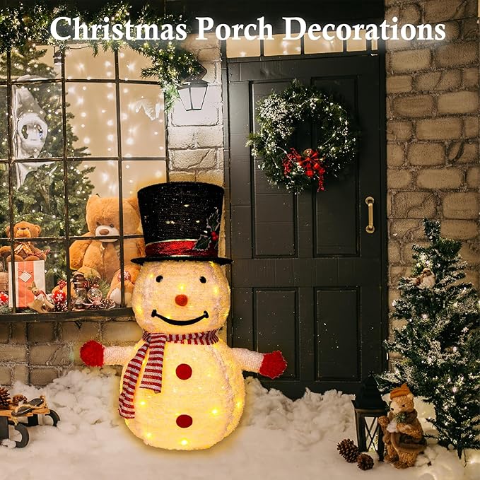 Snowman Outdoor Christmas Decorations, 28 Inch Collapsible Snowman Christmas Decorations with 75 LED Lights, Light Up Xmas Yard Decor, Lighted Porch Lawn Decor