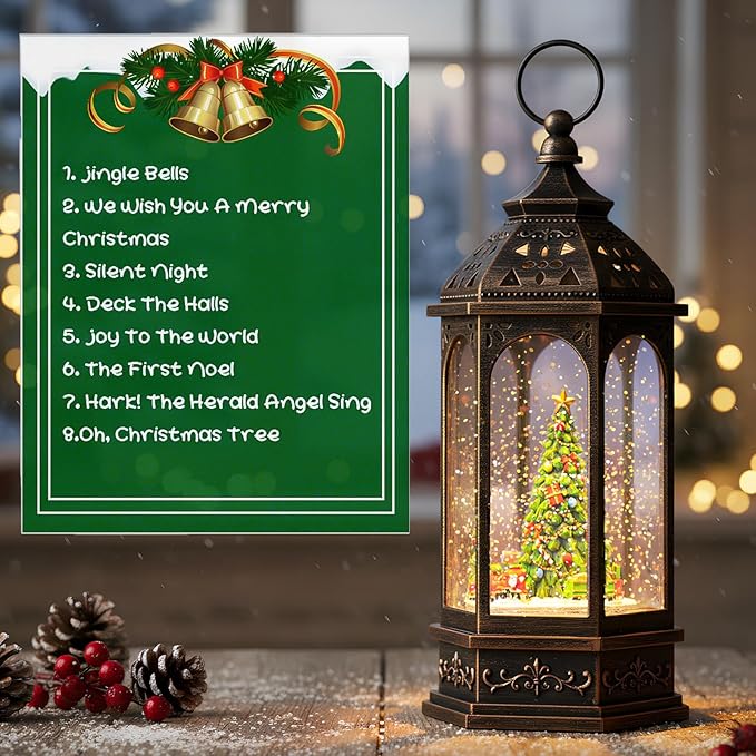Christmas Snow Globe Lantern Octagon Rotating Train Christmas Tree Scene Music Box, USB and Battery Powered Christmas Decorations Presents.