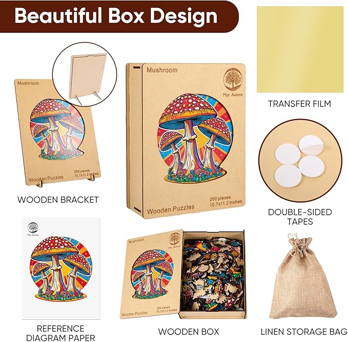 Mushroom Wooden Puzzles for Adults, 200 Piece Unique Shaped Wood Jigsaw Puzzles for Adults and Kids, Fun Challenging Puzzles Family Game Gift, Medium 11.2'' x 10.7'