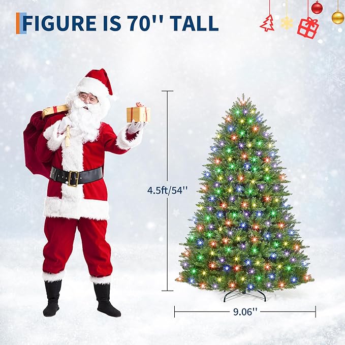 4.5FT Christmas Tree, Artificial Christmas Trees with 200 Lights, Prelit Christmas Tree with 8 Modes Lights, Foldable Stand, On/Off Foot Pedal, Holiday Decoration