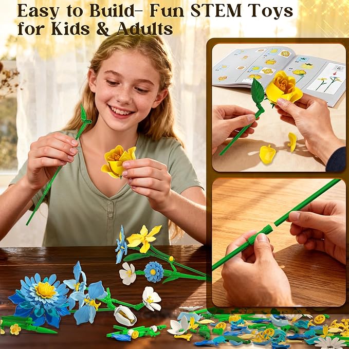 Flowers Building Kit Botanical Collection Compatible with Lego Flowers Set, Gifts for Adult Girls & Women, Home and Office Decor Gift for Christmas Day, Valentines, Birthday