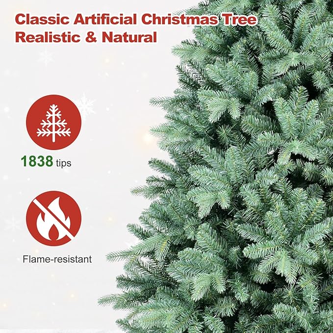 7 Ft Blue Spruce Artificial Christmas Tree, Hinged Unlit Xmas Trees with 1390 PE&PVC Mixed Branch Tips, Home Holiday School Decor with Foldable Base Easy Setup