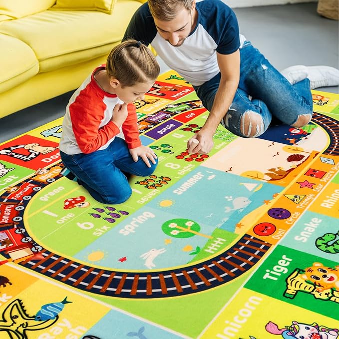 ABC Kids Rug for Playroom 59"×39.4" Baby Play Mat Alphabet Rug Animal Number Shape Classroom Rug Kids Playroom Rug Early Learning Carpet for Educational Learning & Game Area Preschool