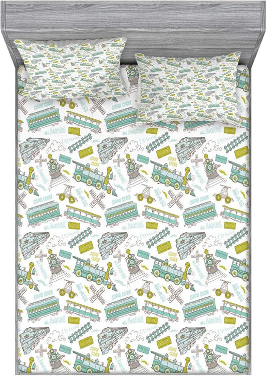 Ambesonne Steam Engine Fitted Sheet & Pillow Sham Set, Choo Choo Train Pattern and Number Signs Vintage Travel Theme Print, Decorative Printed 2 Piece Bedding Decor Set, Full, Apple Green Turquoise