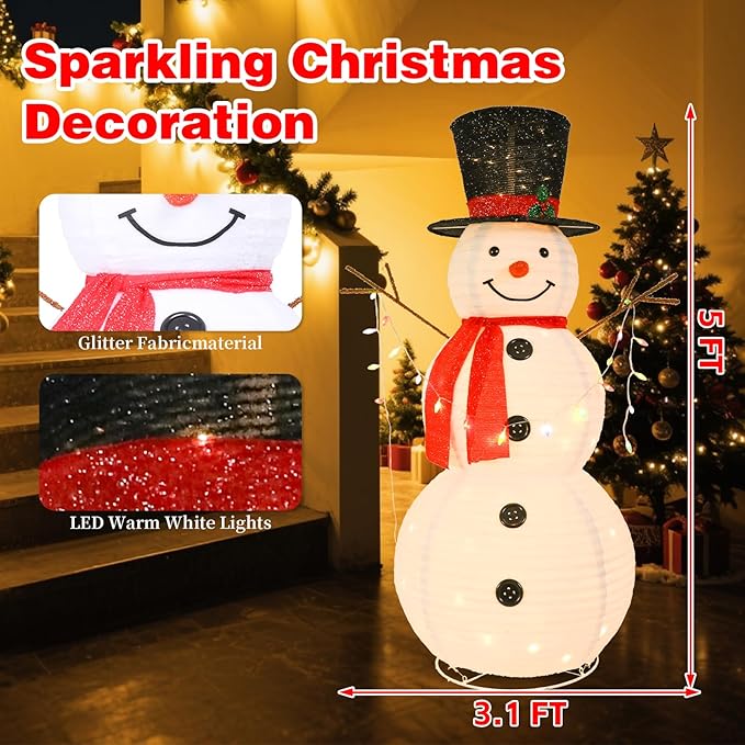 VCUTEKA 5FT Lighted Outdoor Snowman Decoration, Christmas Snowman with Red Scarf and Black Hat Holding Colorful Lights, LED Light-Up Holiday Lawn Yard Garden Décor