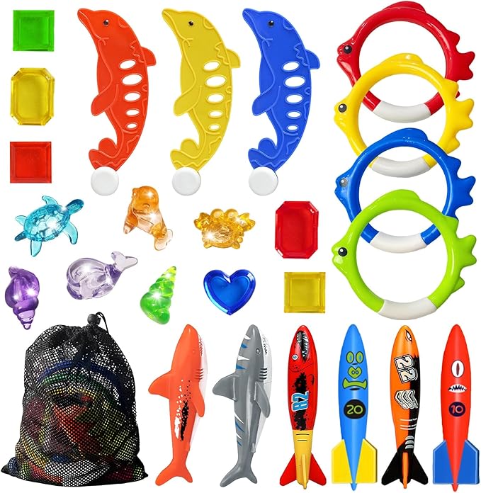Jasonwell Pool Diving Toys Games - 25PCS Swimming Pool Toys with Dive Sticks and Rings Underwater Treasures Torpedo Bandits Fish Toy etc Fun Water Swim Toy for Boys Girls Adults Kids Teens