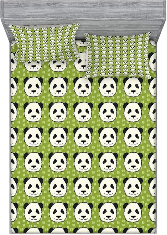 Ambesonne Panda Fitted Sheet & Pillow Sham Set, Cartoon Funny Hand Drawn Style Panda Bear Heads Animal Pattern Funny Furry Mammal, Decorative Printed 3 Piece Bedding Decor Set, Calking, Olive Green