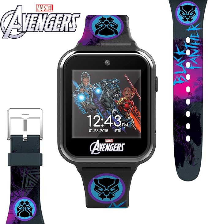 Accutime Kids Marvel Black Panther Black Educational ,Touchscreen Smart Watch Toy for Boys, Girls, Toddlers - Selfie Cam, Learning Games, Alarm, Calculator, Pedometer (Model: AVG4608AZ)