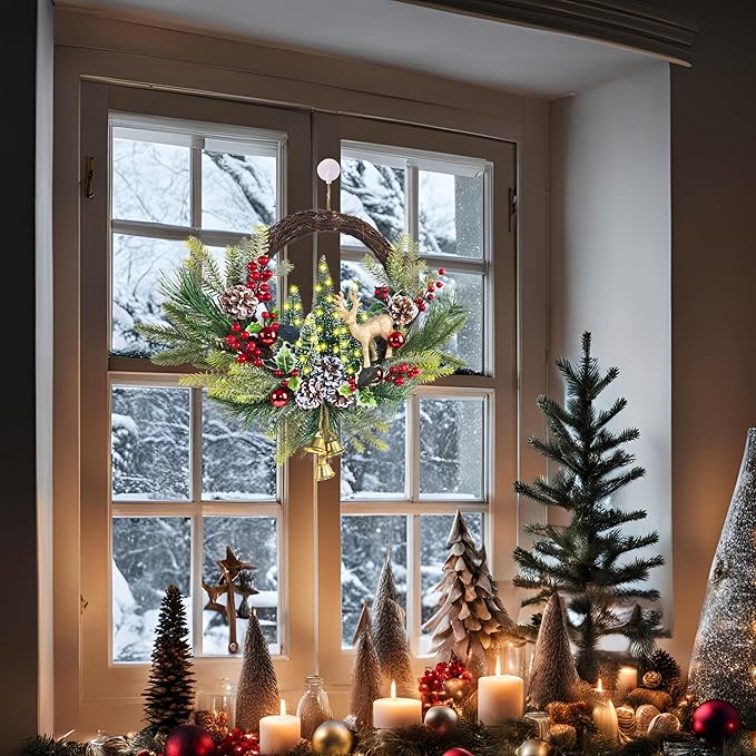 21" Pre-Lit Christmas Wreath for Front Door,Christmas Wreath Decorations with Golden Christmas Reindeer Jingle Bells Pine Cones,Christmas Door Wreath for Home Wall Window Indoor Outdoor Decor