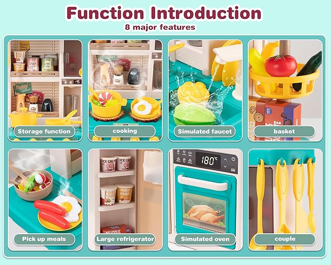 Kids Kitchen Play Set，Interactive Kids Kitchen Play Set with 50Pcs of Pretend Kitchen Toys，Realistic Sound Effects，and Simulated Functionality - Suitable for Toddlers Aged 3-5 Years (Green)