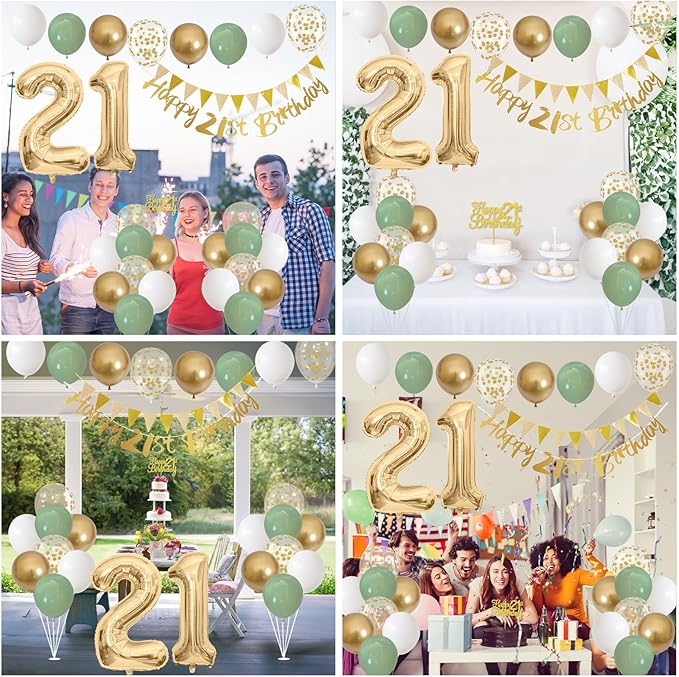 21st Birthday Decorations for Him Her, Happy Banner With Cake Topper Number 21 Foil Balloon, Sage Green White Gold Balloons for Men Women 21 Year Old Party Decoration