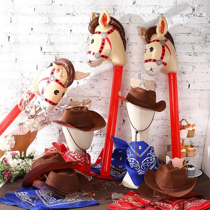 Xtinmee 48 Pcs Kids Cowboy Party Favor with Cowboy Hats Inflatable Stick Horses Bandanas Heart Glasses for Kid Costume(Brown)